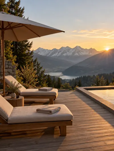 Hotelterrasse mit Blick auf See und Berge
